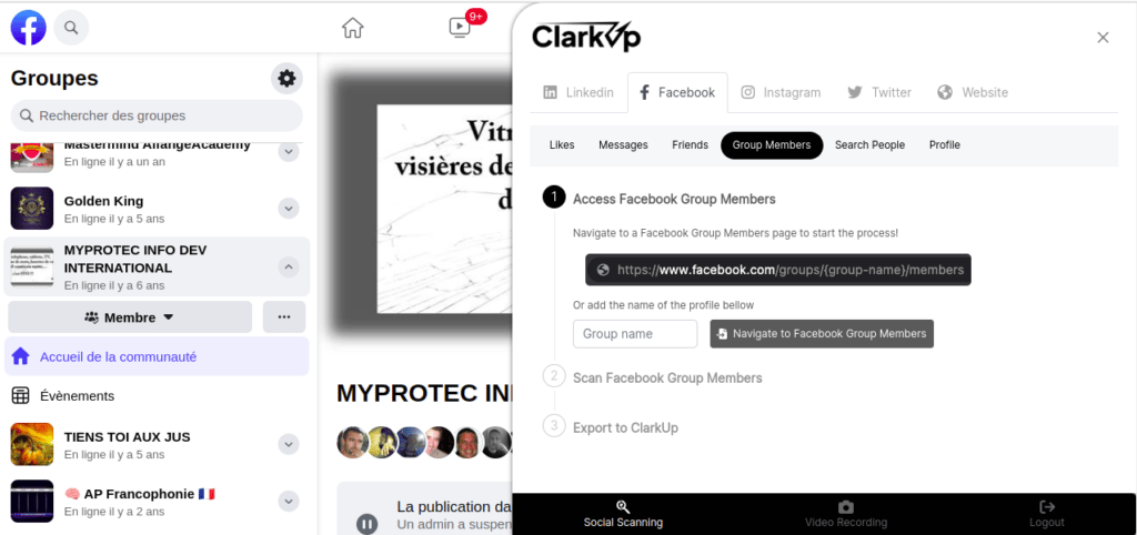ClarkUp extension chrome facebook grp simple crm prospecting
