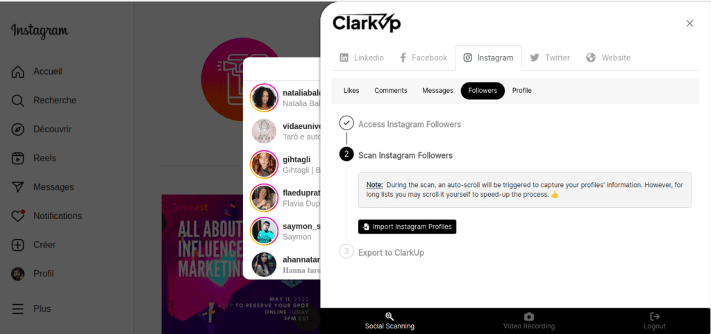 ClarkUp extension chrome instagram followers simple crm prospecting