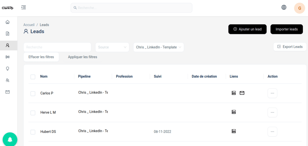 ClarkUp leads simple crm prospection logiciel